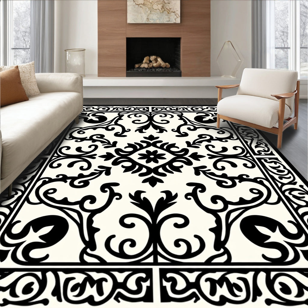 Black White Floral Damask Pattern Rug