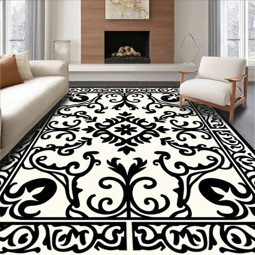 Black White Floral Damask Pattern Rug