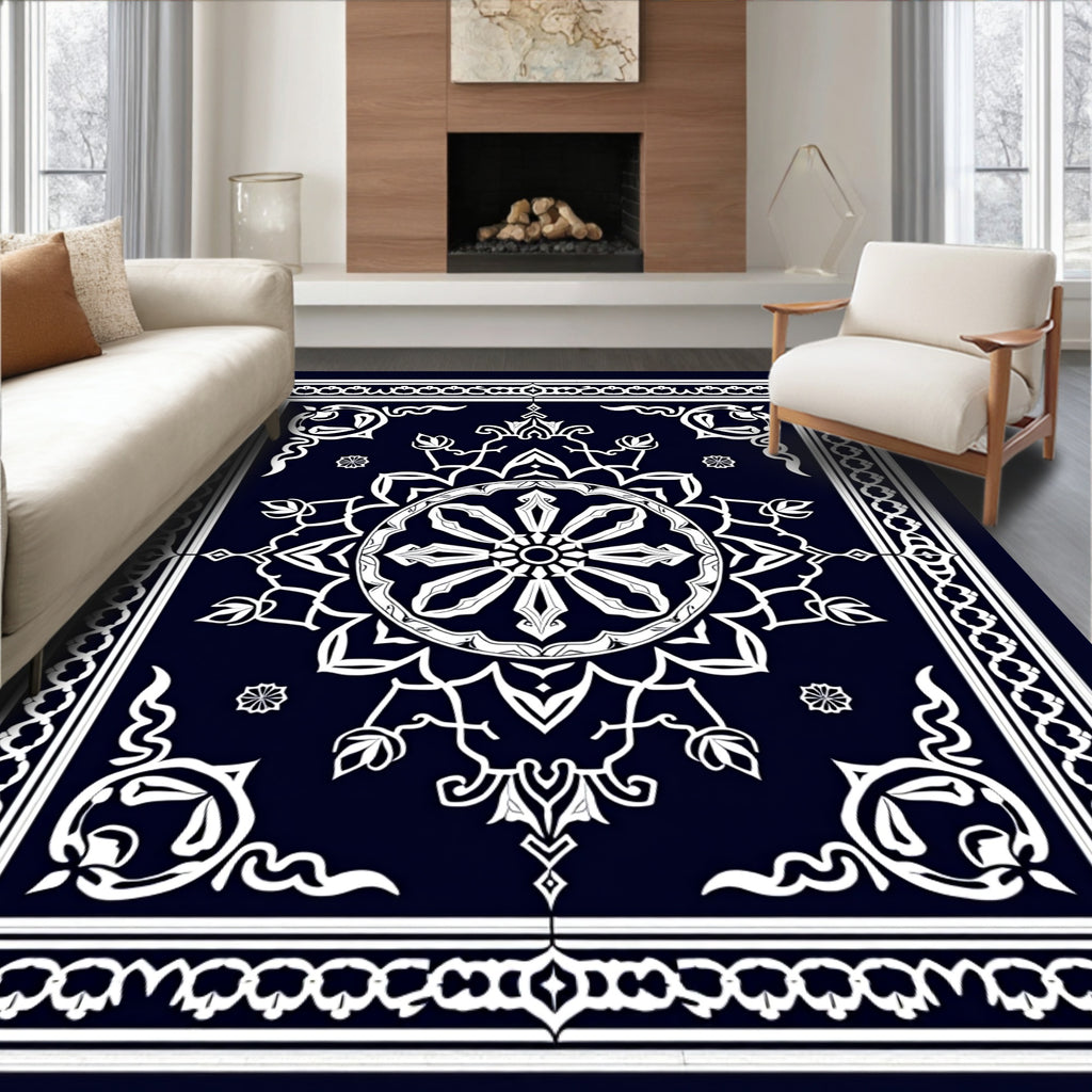 Intricate Floral Medallion Dark Blue Revival Rug