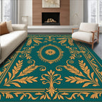 Ornate Floral Medallion Teal Gold Rug