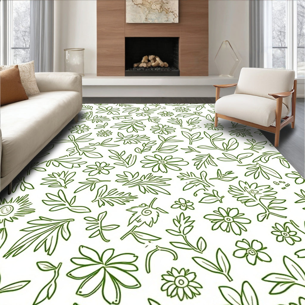 Green Leaf Flower Sketch Pattern Rug