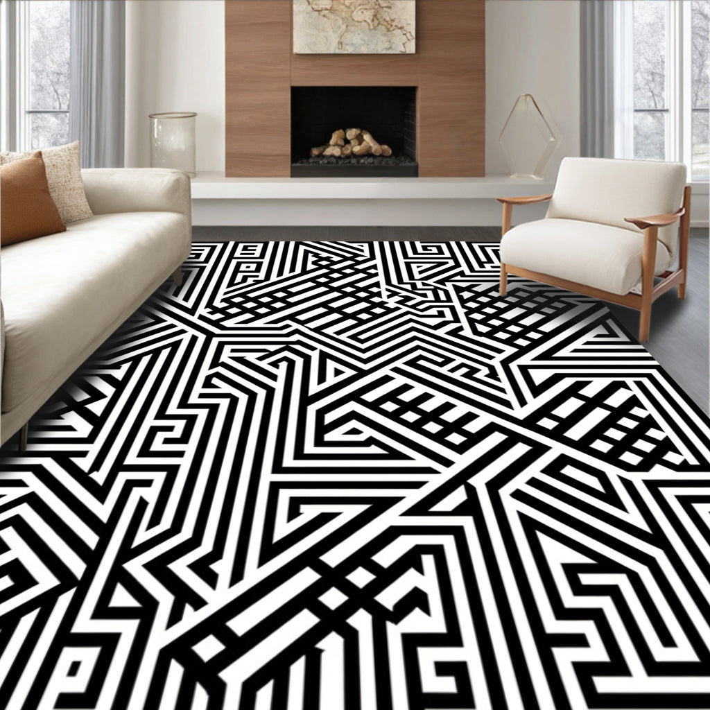 Black White Interlocking Maze Pattern Rug