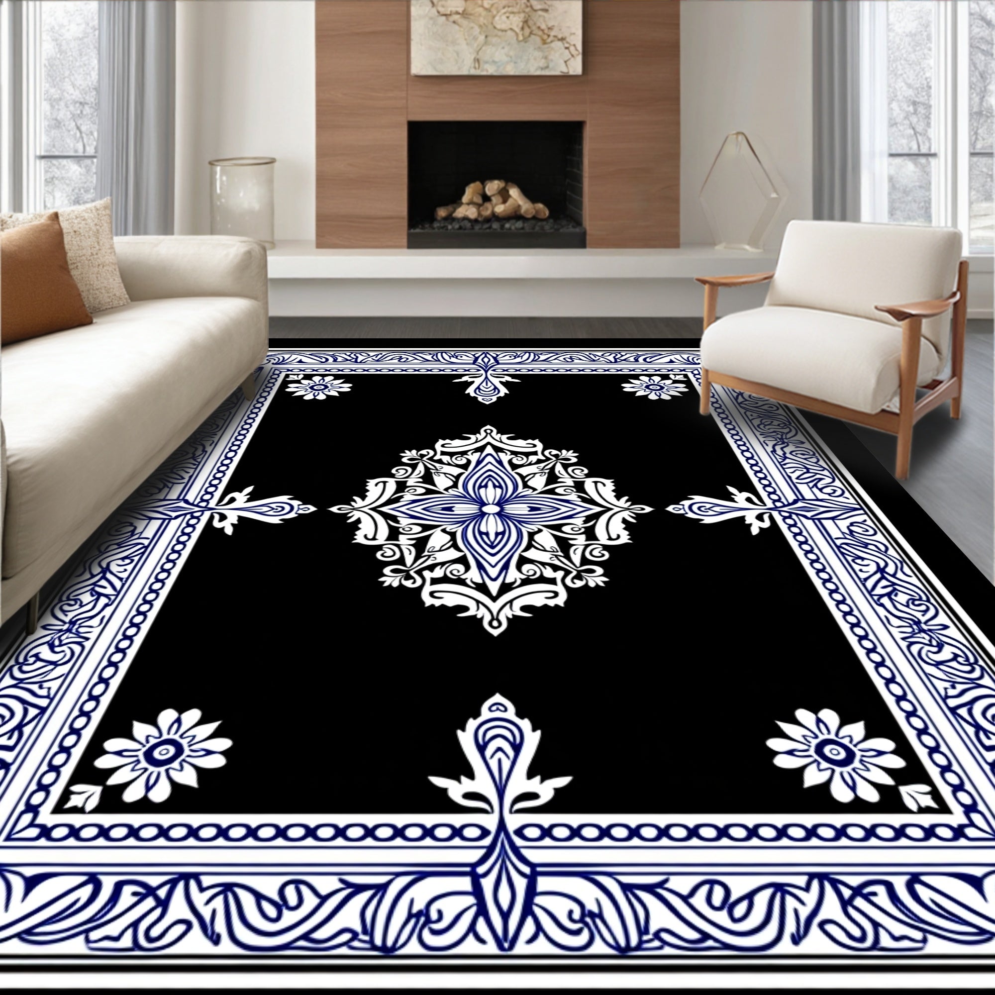 Ornate Blue White Scroll Pattern Rug
