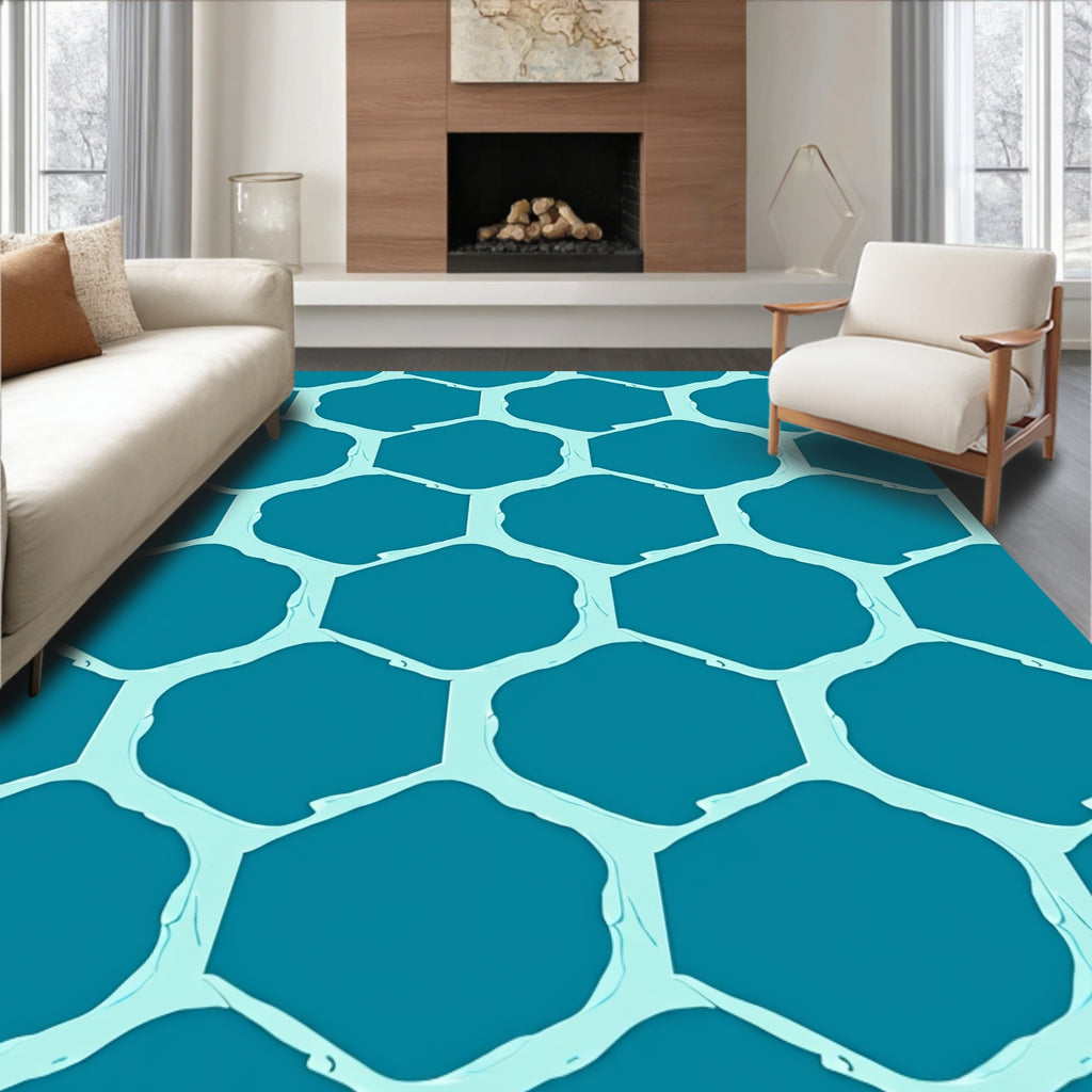 Aqua Hexagonal Pattern Abstract Design Rug