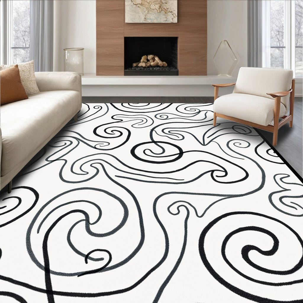 Abstract Swirls Black White Pattern Rug