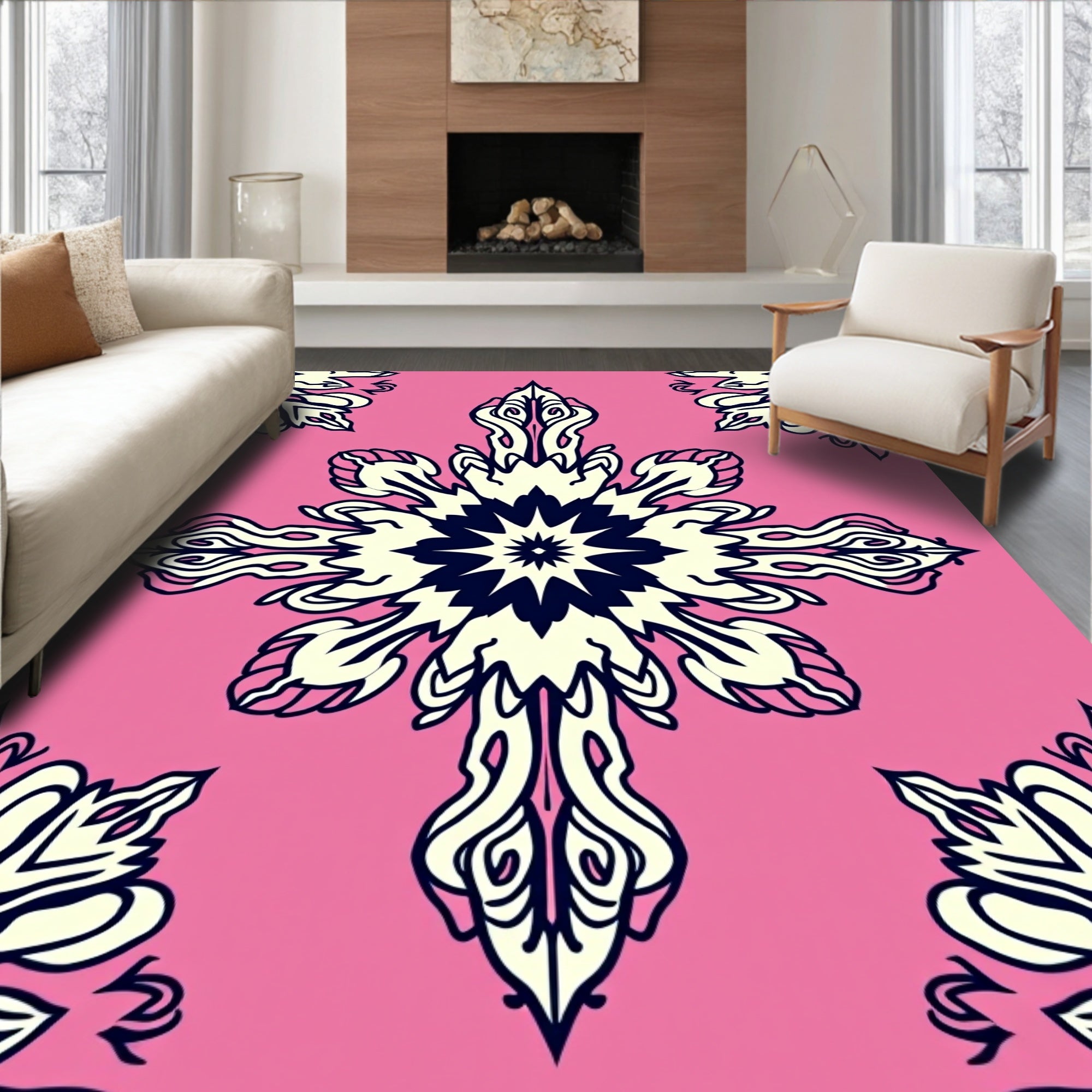Pink Floral Snowflake Pattern Rug