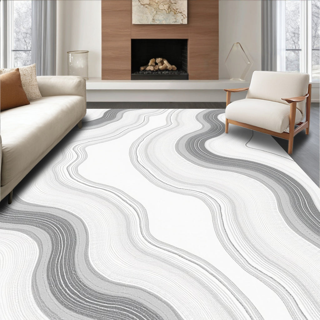 Abstract Swirling Gray White Lines Design Rug