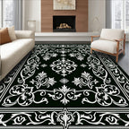 Elegant Black White Floral Scroll Rug