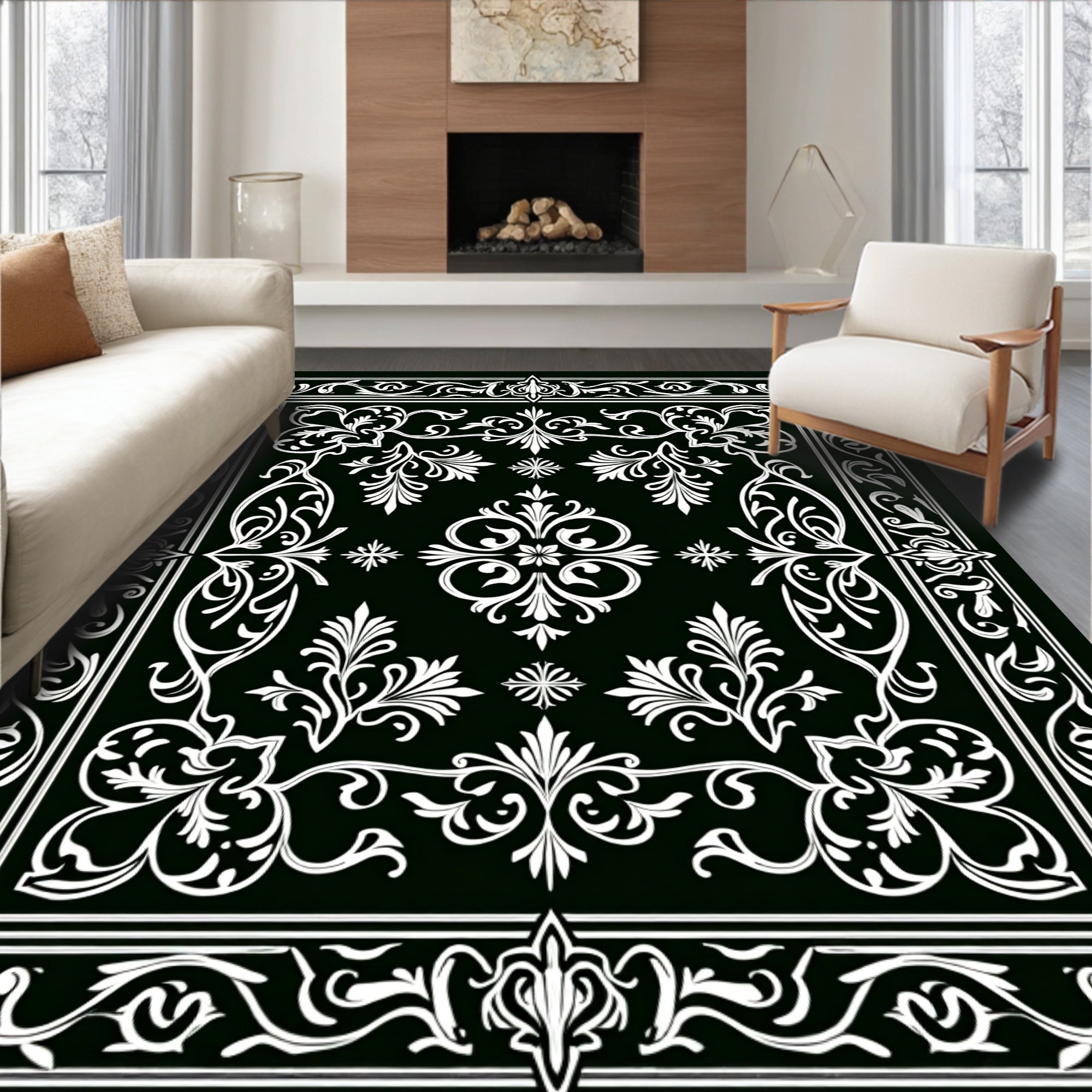 Elegant Black White Floral Scroll Rug