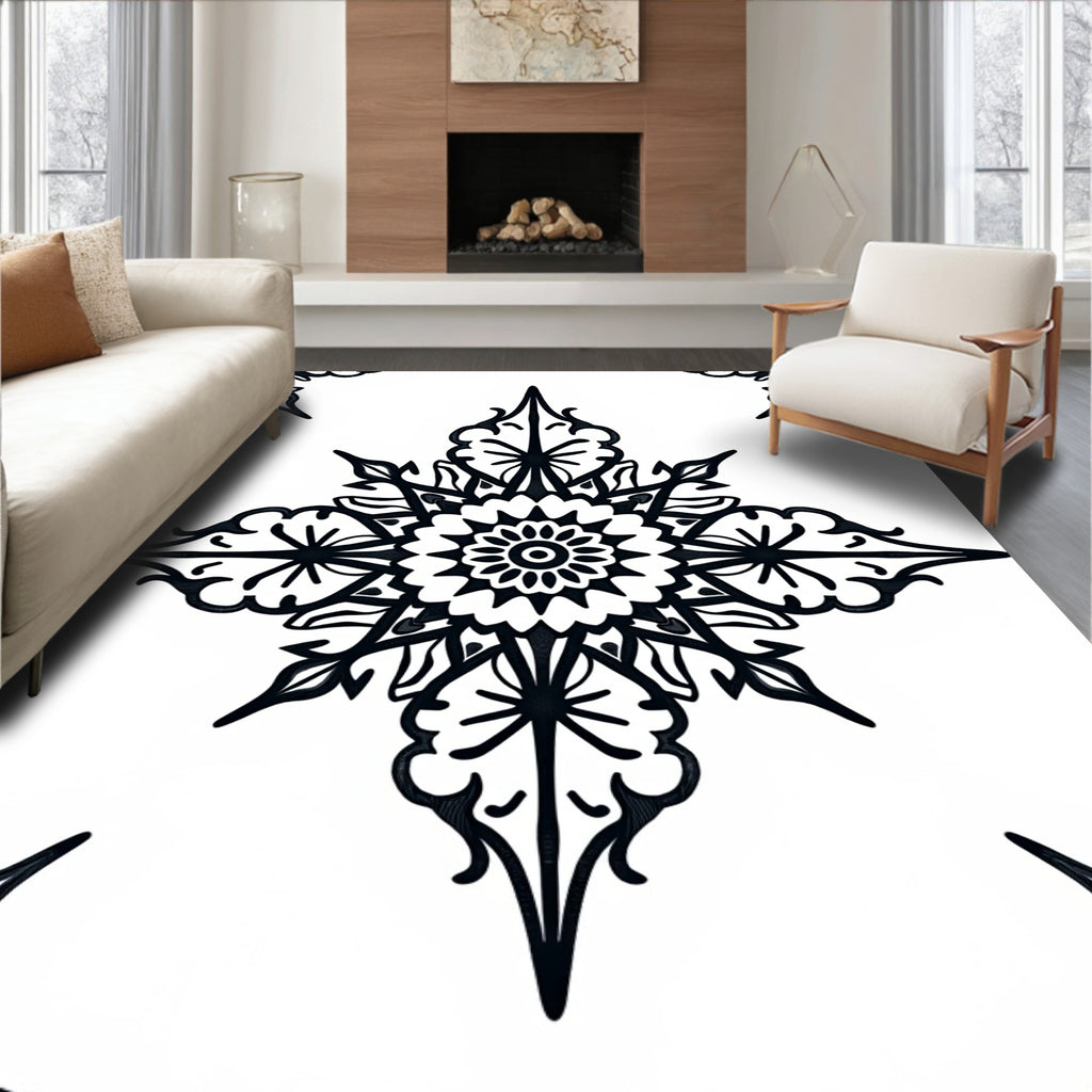 Intricate Black Floral Starburst Pattern Rug