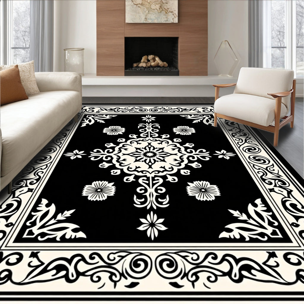 Classic Black and White Floral Medallion Rug