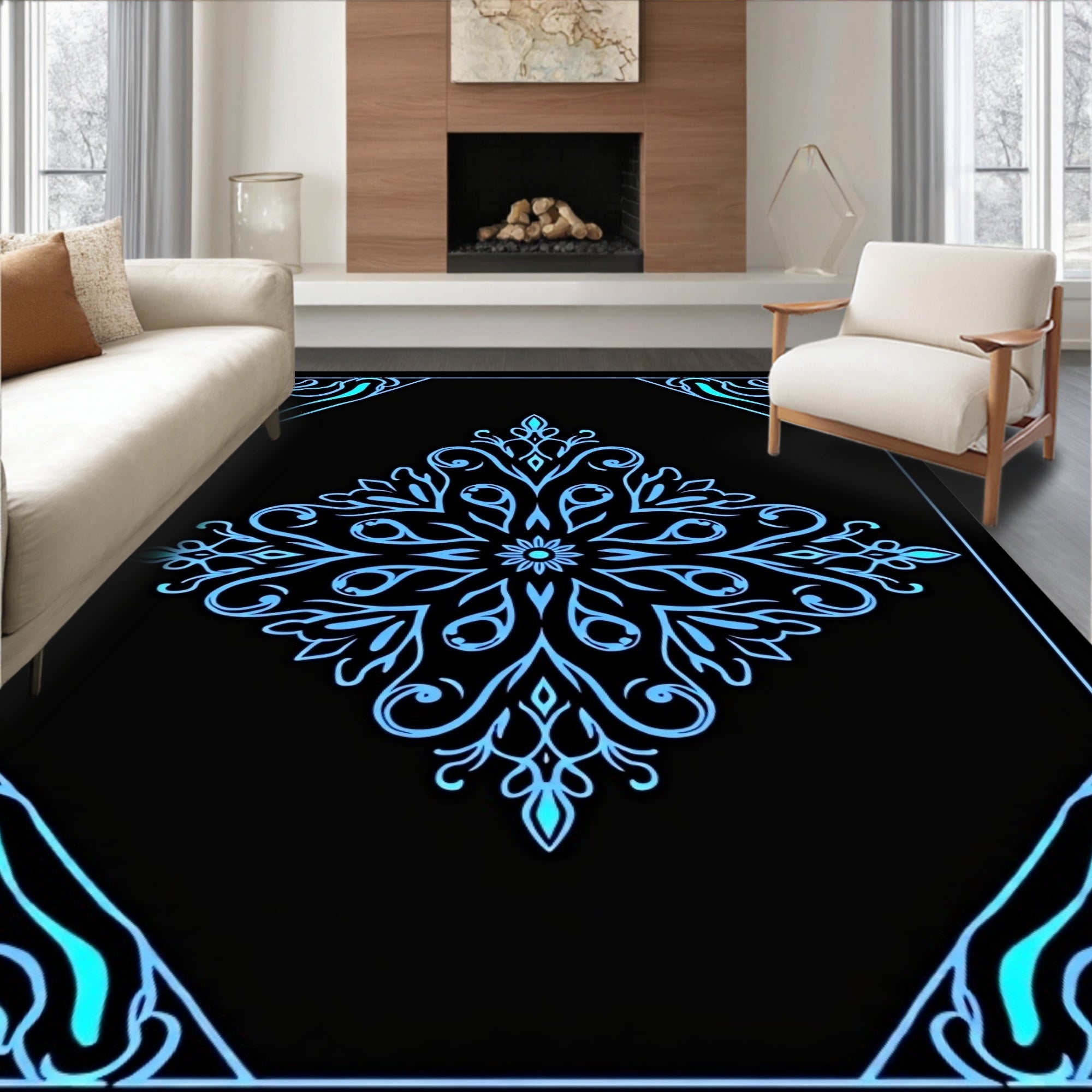 Luminous Blue Floral Mandala Design Rug
