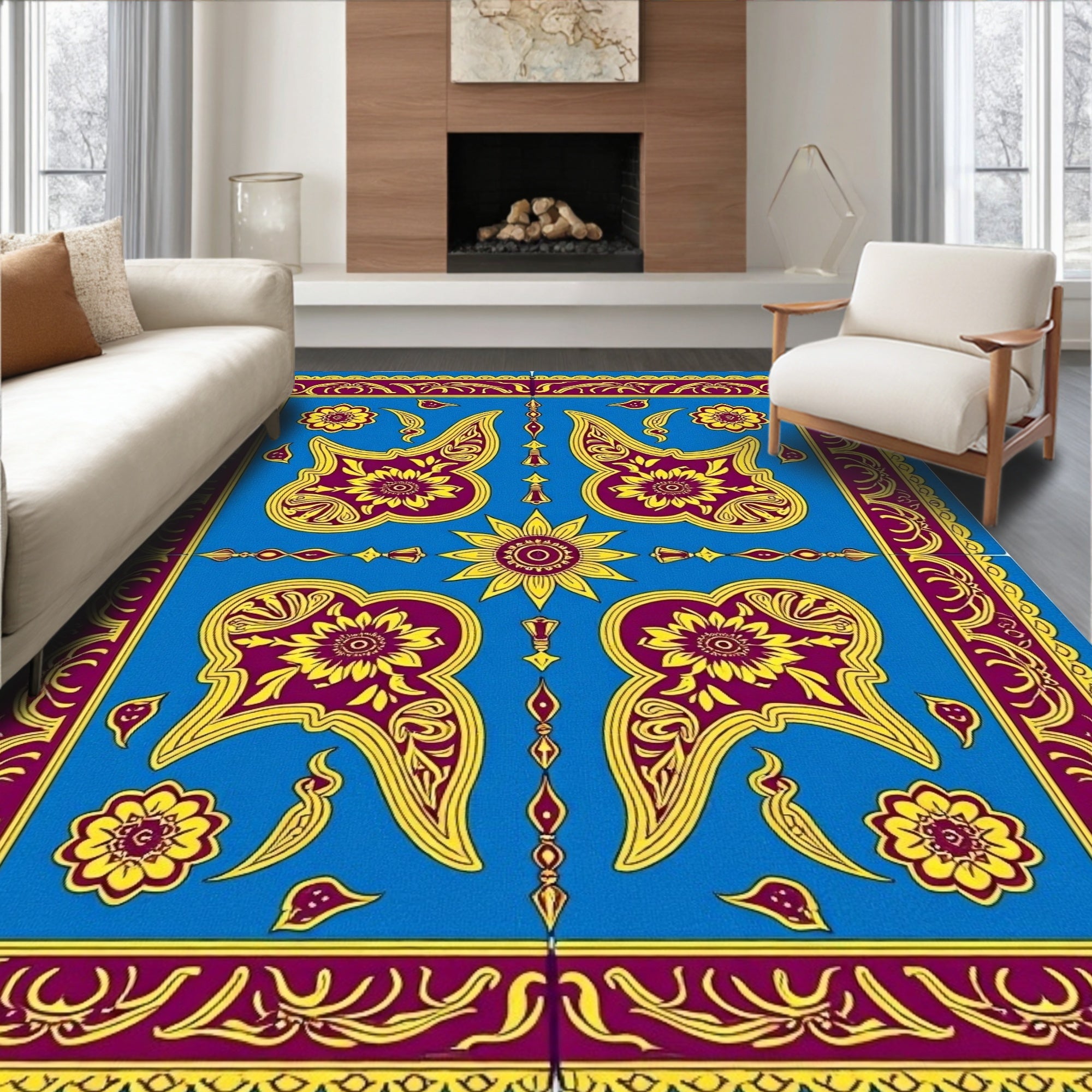 Vibrant Blue Paisley Floral Design Rug