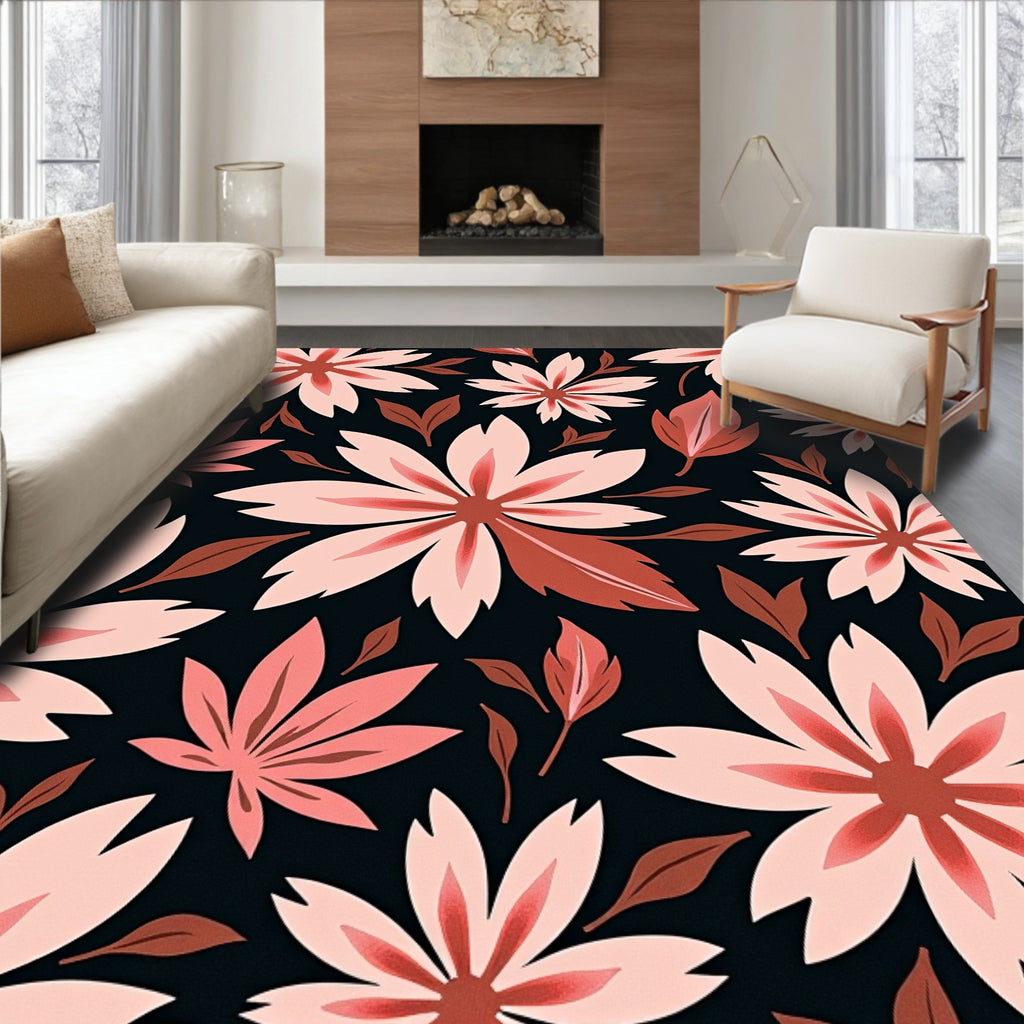 Pink 7 Petal Flowers Leafy Pattern Rug