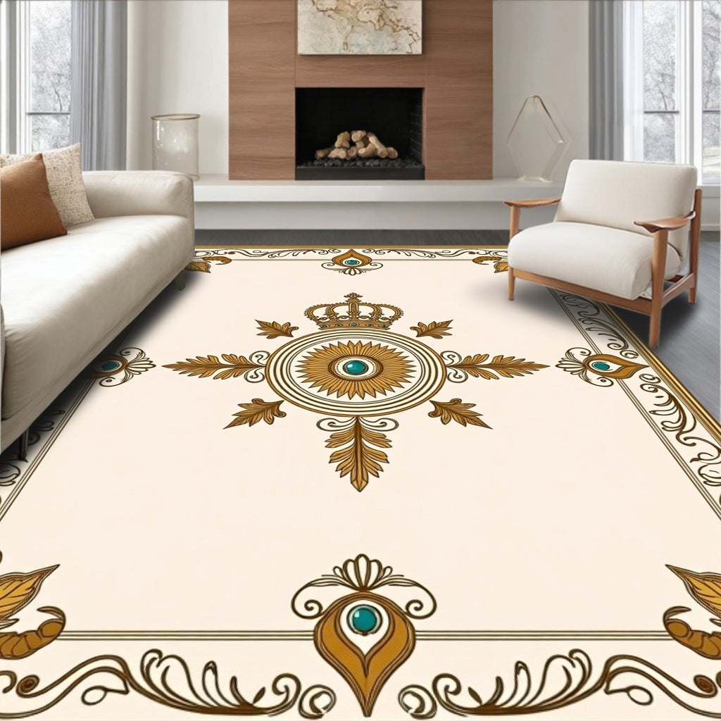 Ornate Golden Crown Jewel Pattern Rug