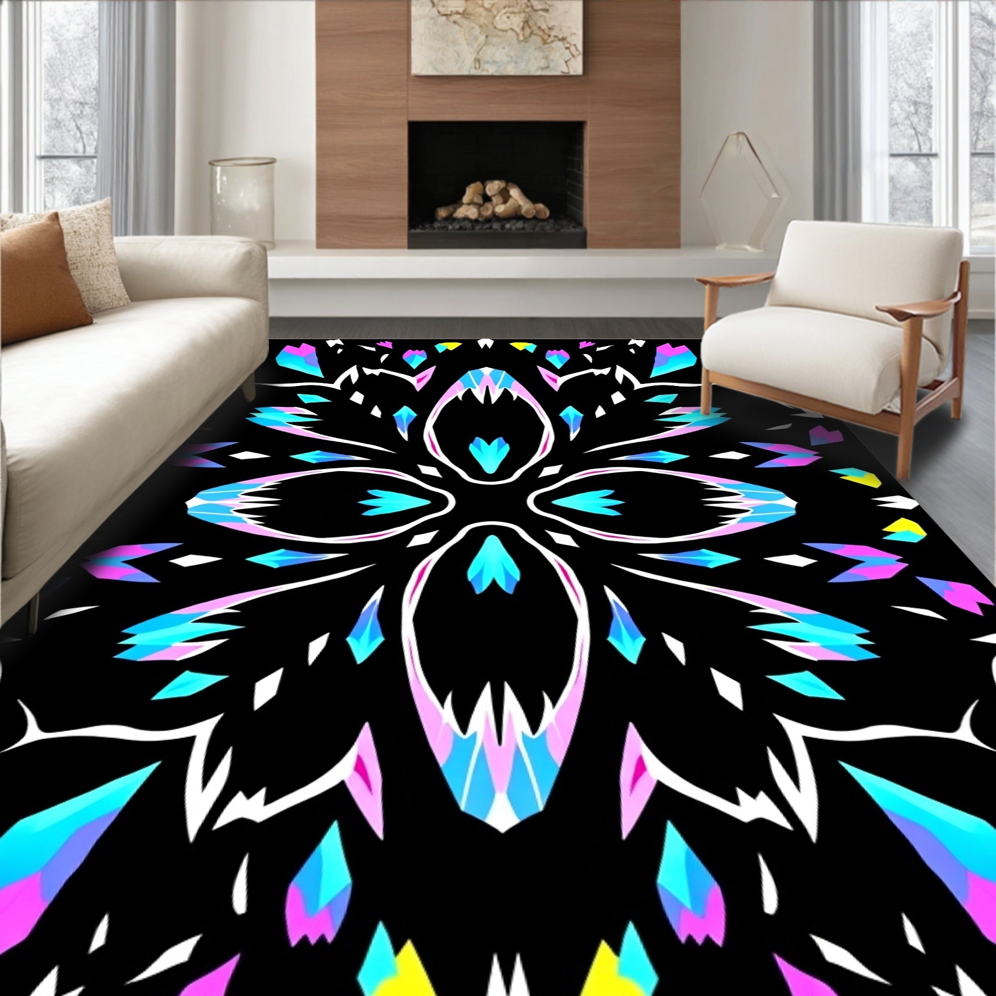 Symmetrical Neon Crystal Pattern Rug