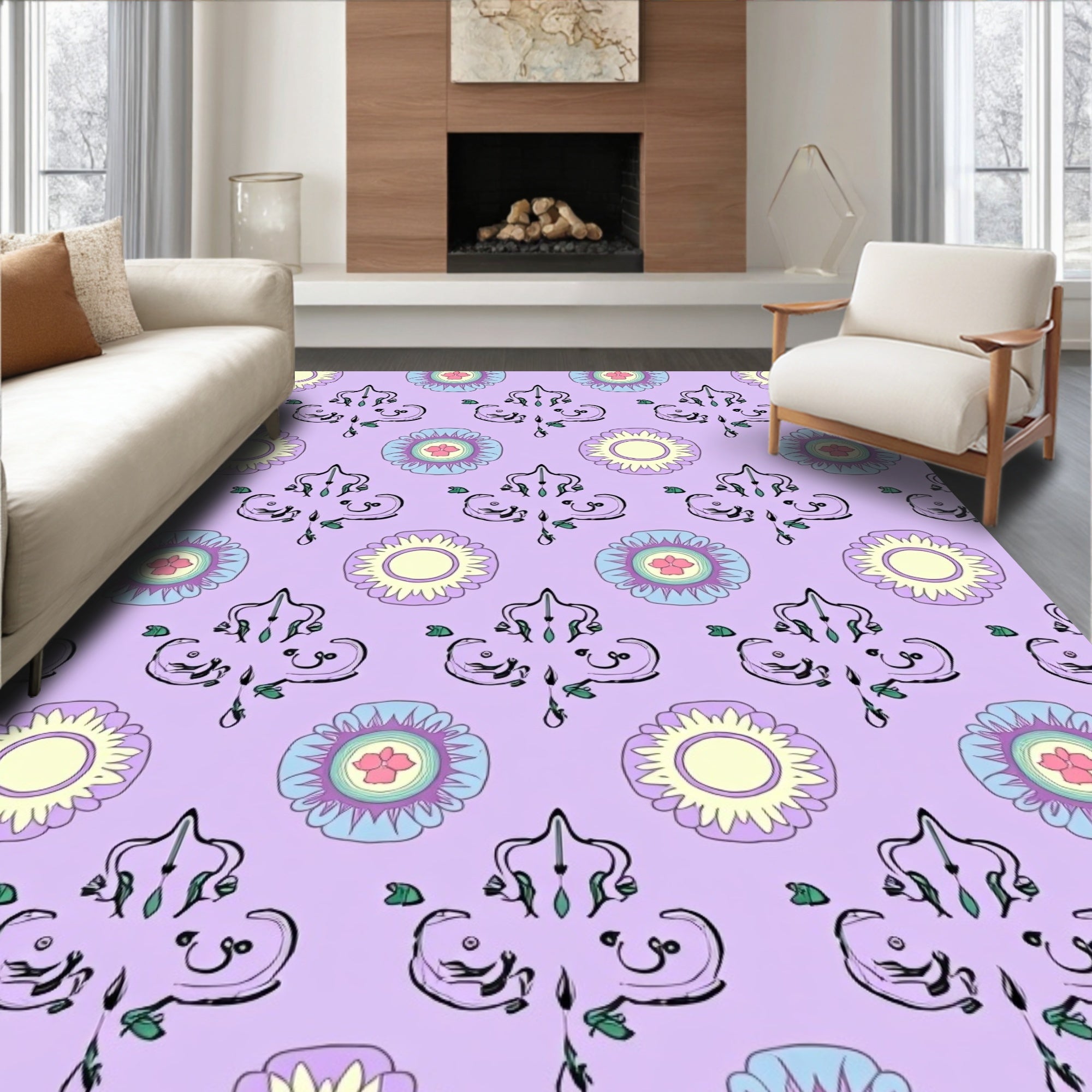 Pastel Floral And Scroll Pattern Rug