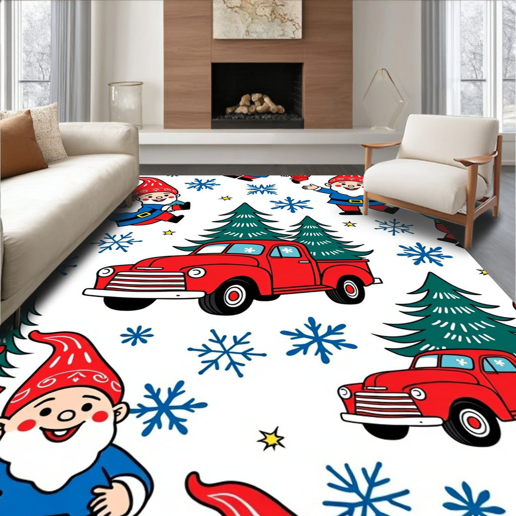 Red Trucks Gnomes Blue Snowflakes Trees Rug