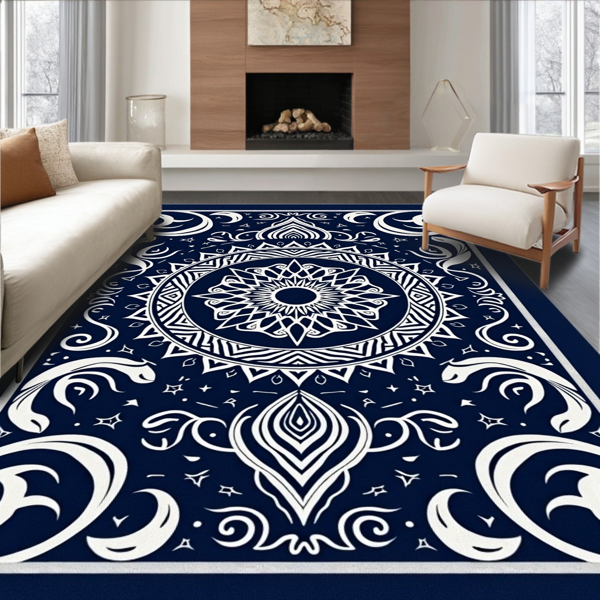 Intricate Blue White Mandala Pattern Design Rug