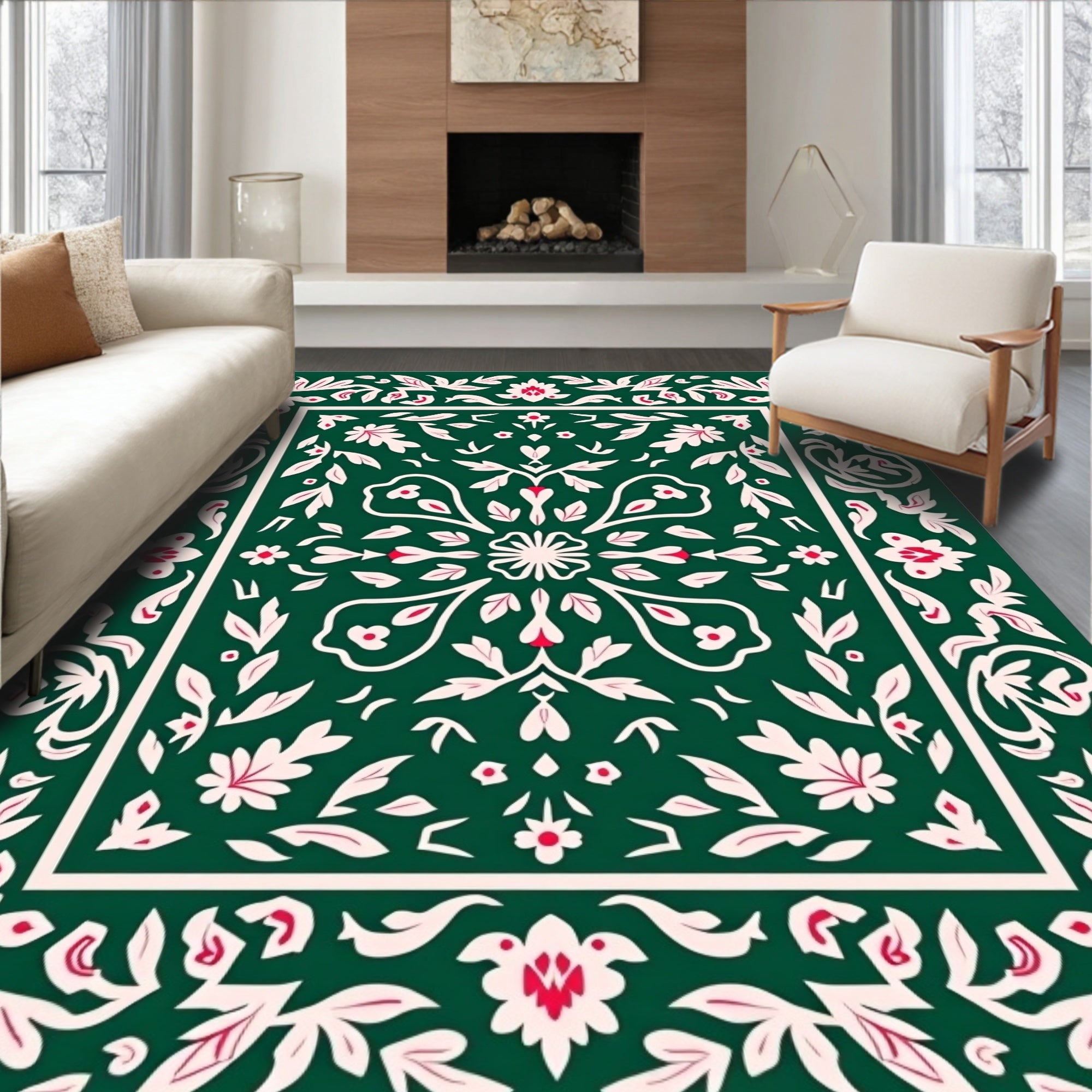 Floral Bordered Emerald Print Design Rug