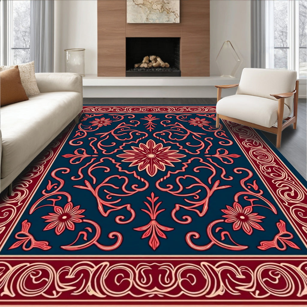 Floral Scrollwork Red Blue Design Rug