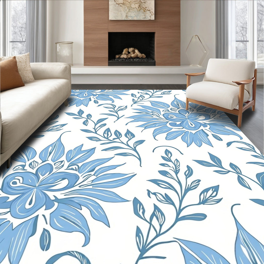 Blue Floral Leaf Pattern Rug