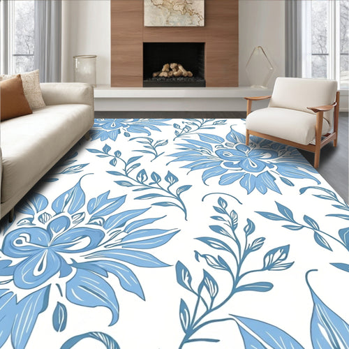 Blue Floral Leaf Pattern Rug