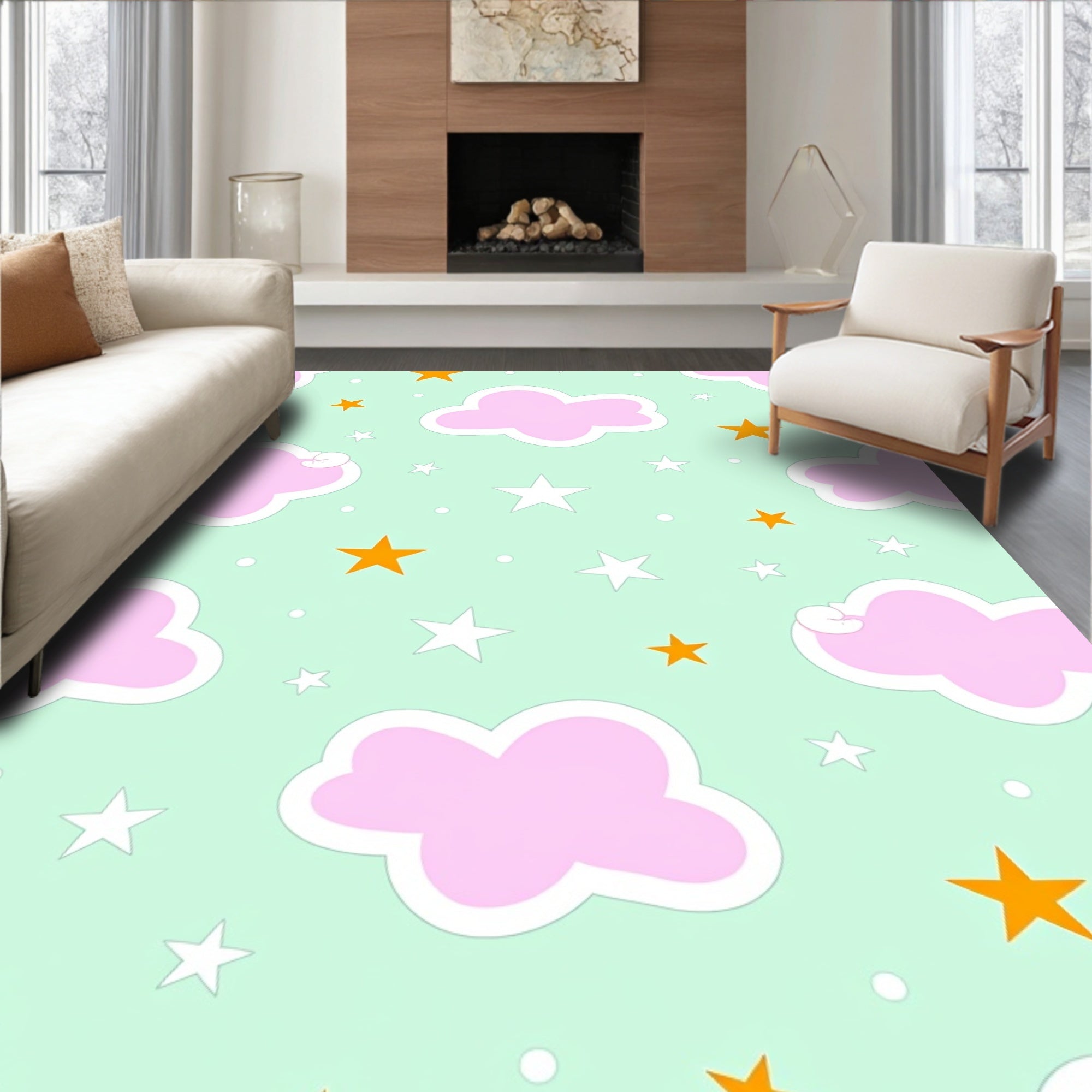 Pink Clouds And 3 Color Stars Rug