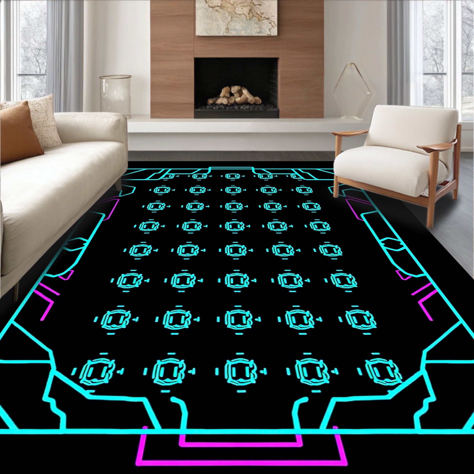 Geometric Grid Abstract Neon Pattern Rug