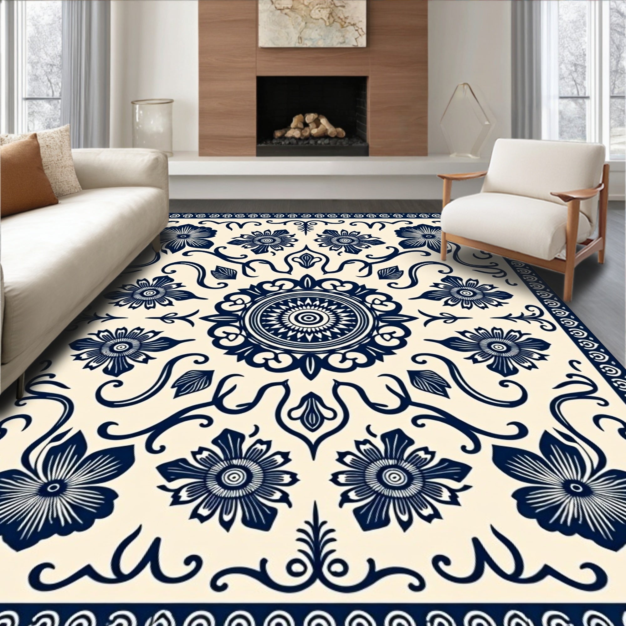 Dark Floral Medallion Patterned Rug