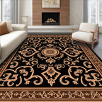 Ornate Floral Scrollwork Brown Black Rug