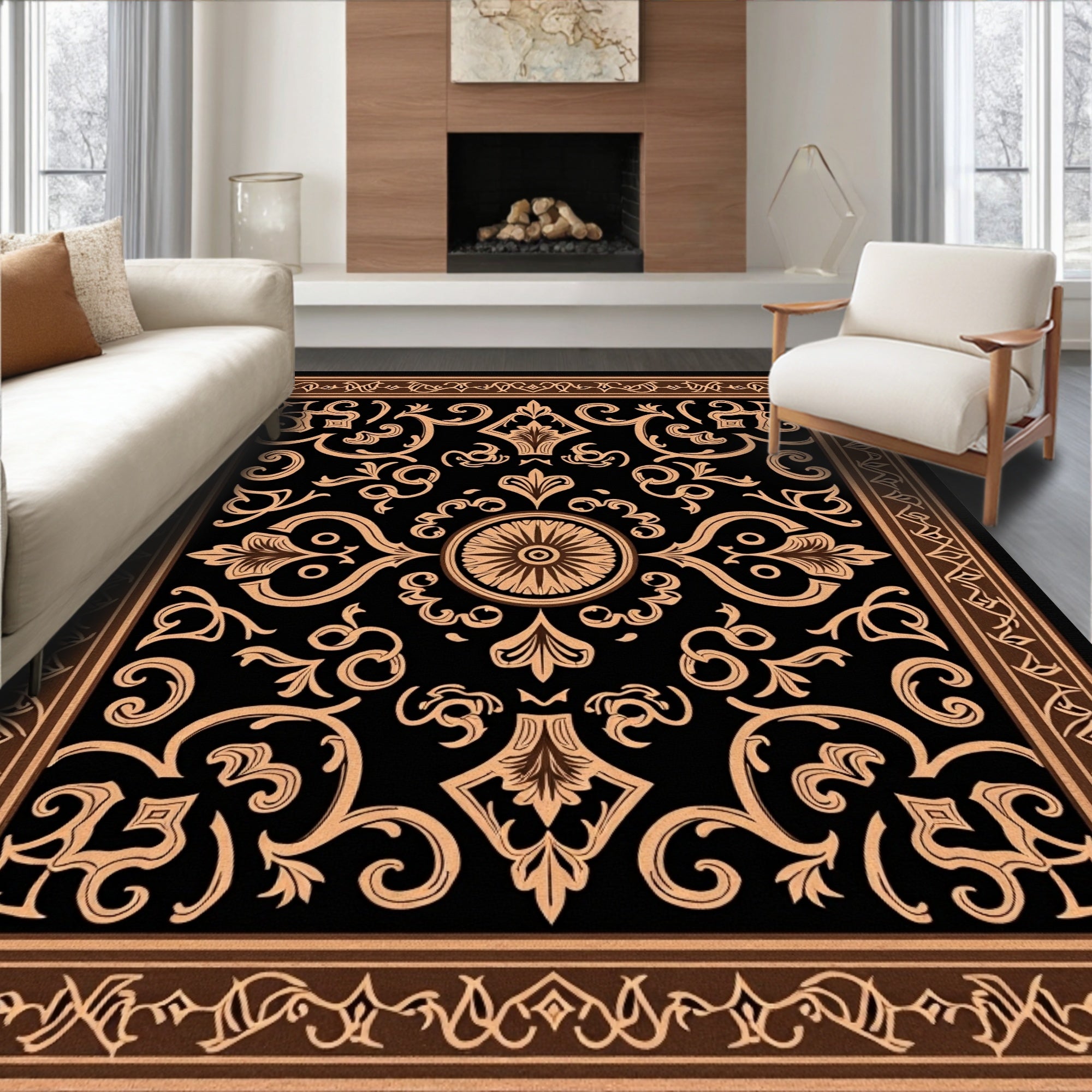 Ornate Floral Scrollwork Brown Black Rug