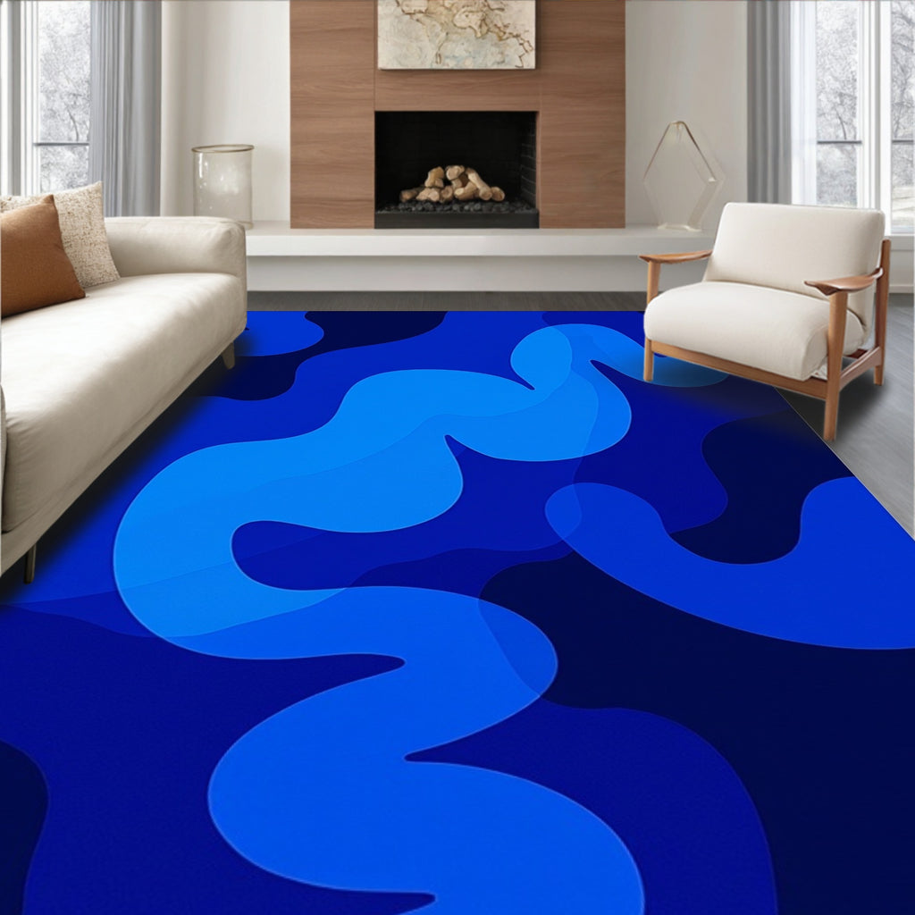Abstract Blue Wave Swirl Design Rug
