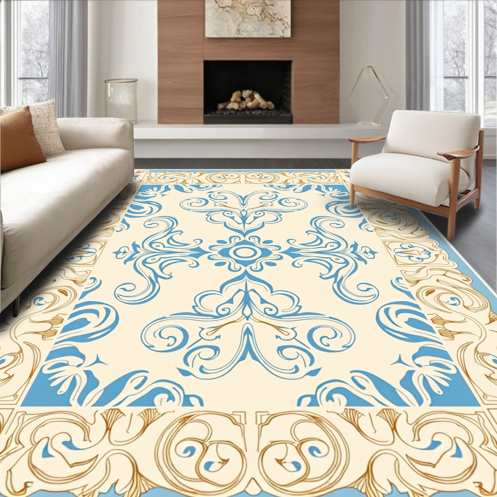 Cream Blue Golden Swirl Floral Pattern Rug