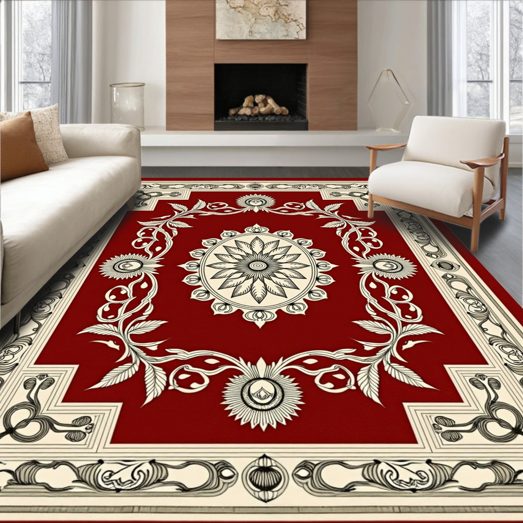 Elegant Red Floral Mandala Pattern Rug