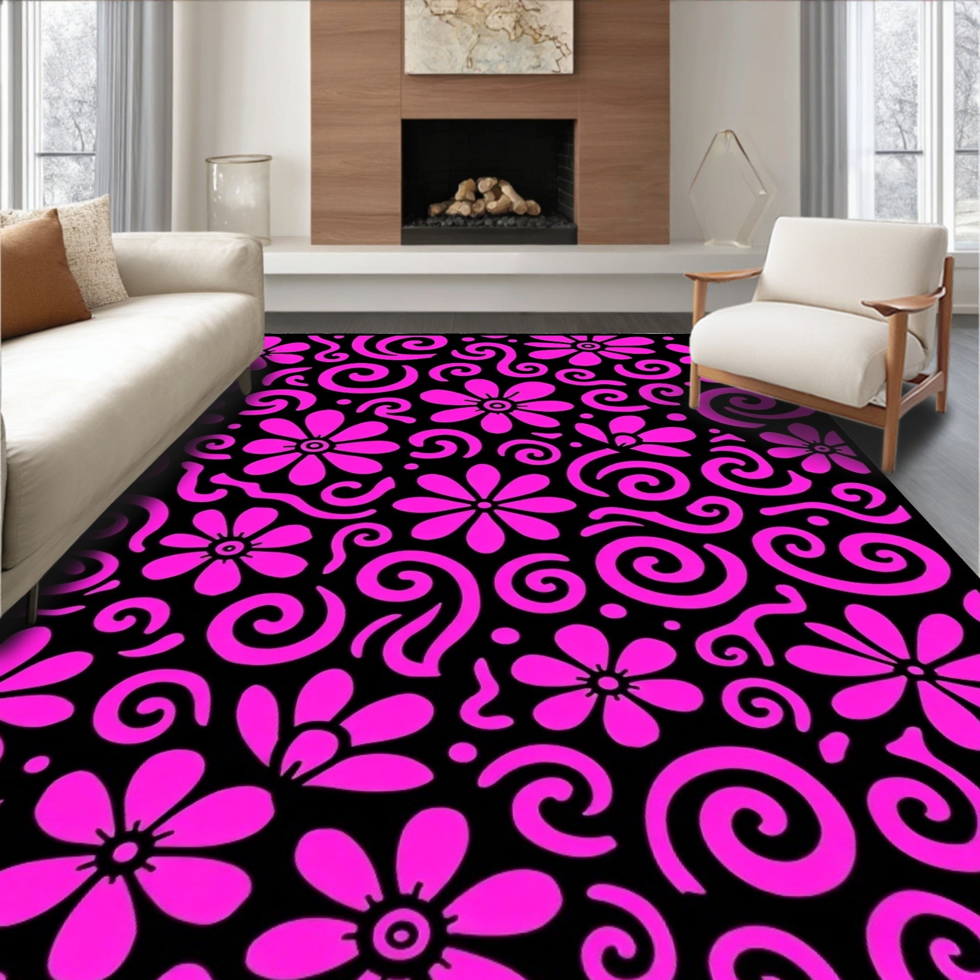Whimsical Pink Floral Swirl Pattern Rug