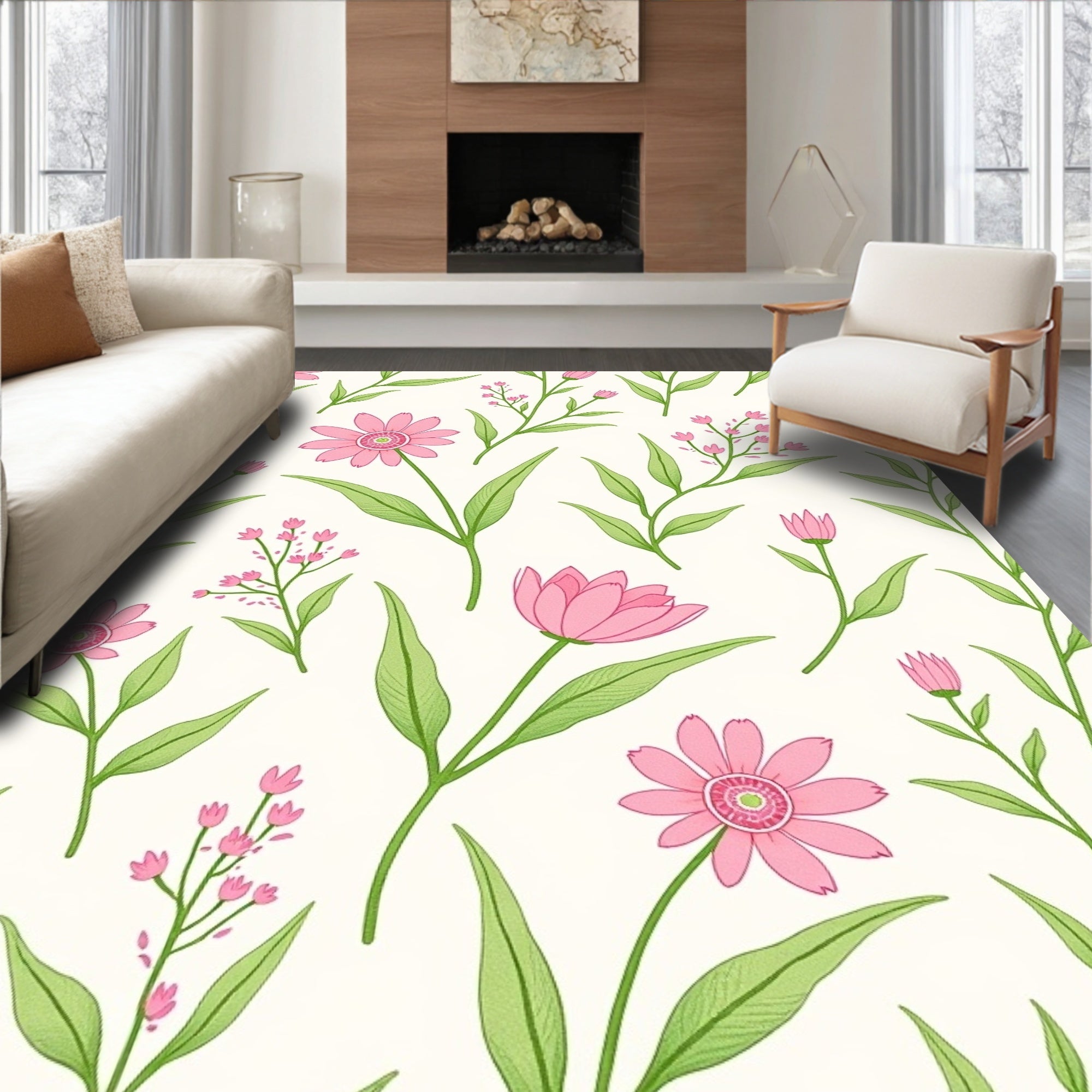 Pink Daisy Botanical Pattern Rug