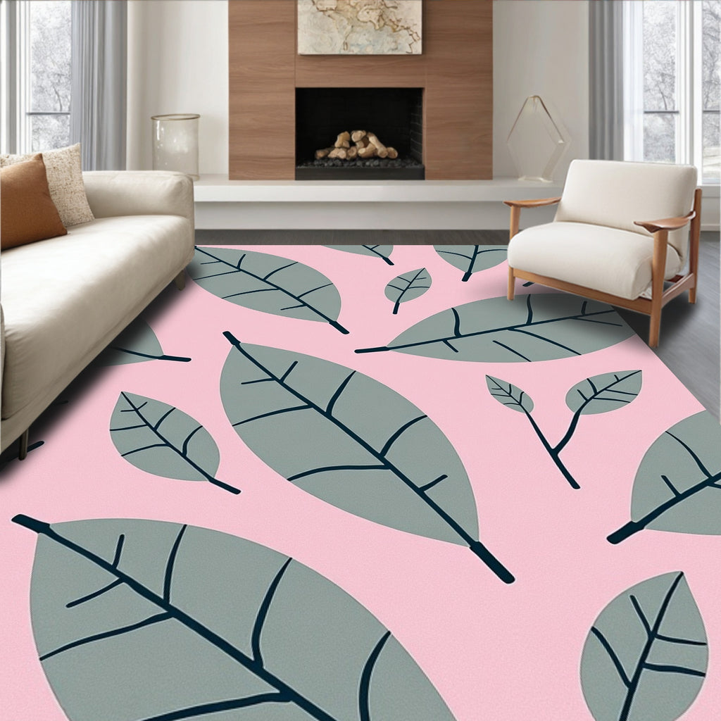 Gray Leaf Pattern on Pink Background Rug