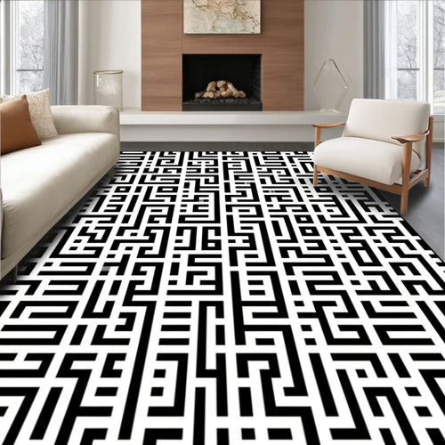 Black White Maze-Like Pattern Rug