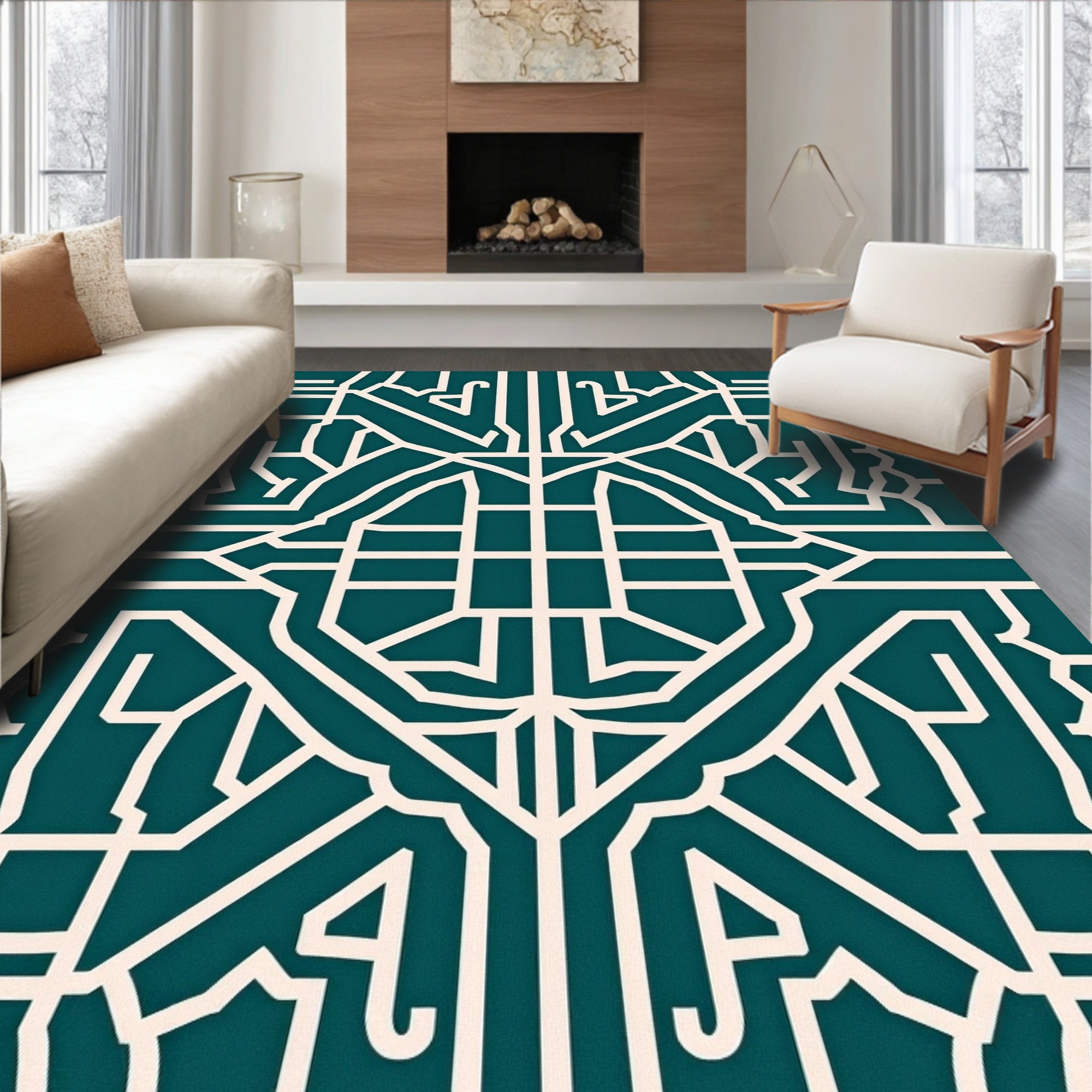 Geometric Art Deco Teal Cream Rug