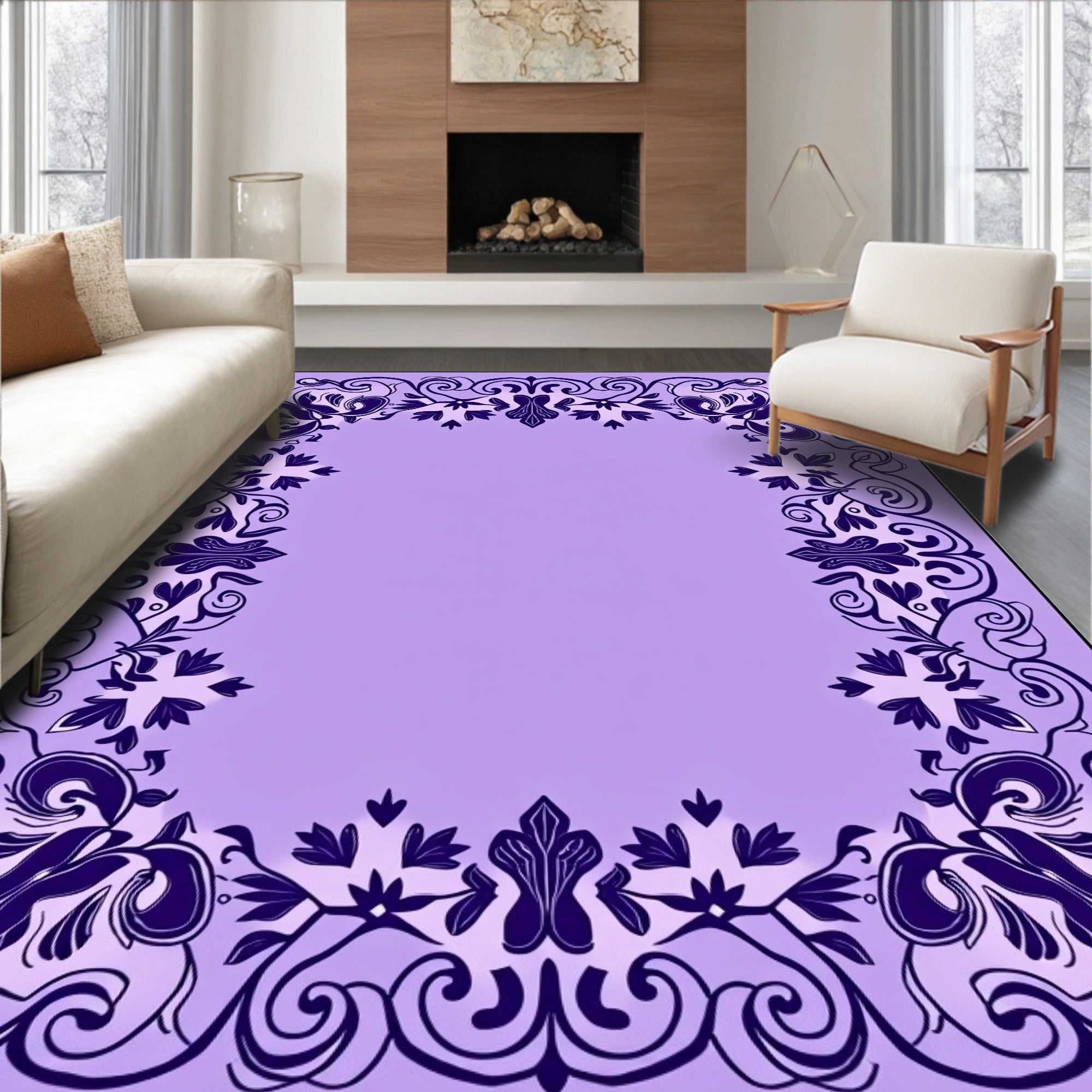 Ornate Floral Scrollwork Border Design Rug