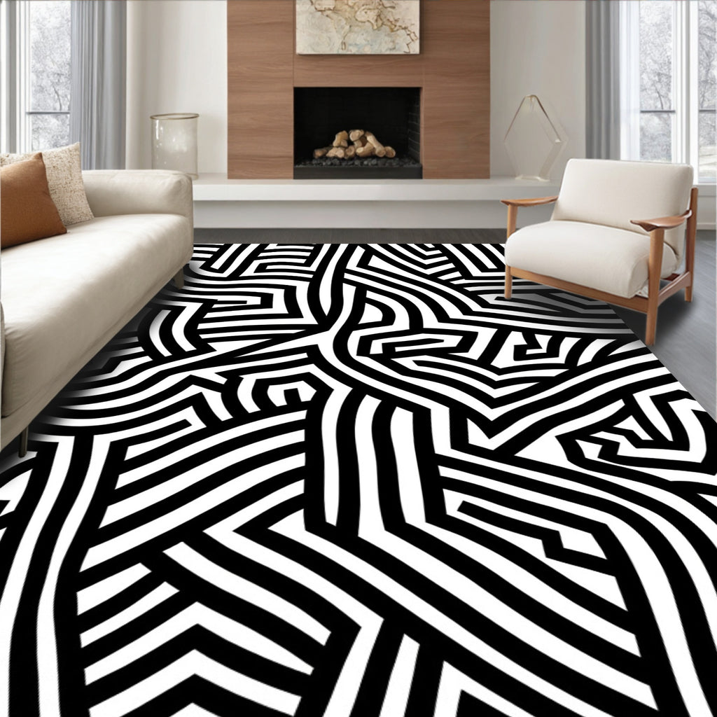 Bold Black White Line Abstract Rug
