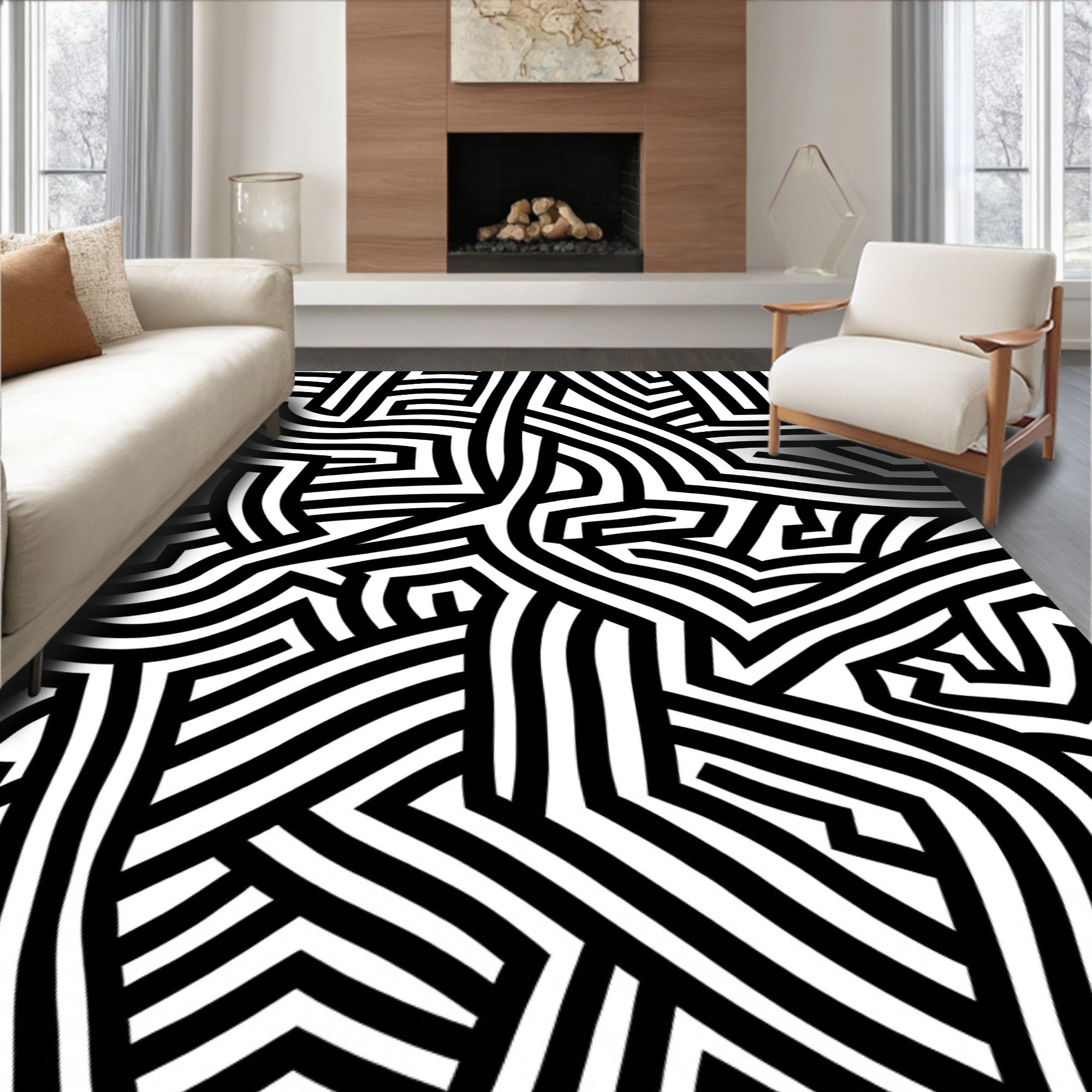 Bold Black White Line Abstract Rug