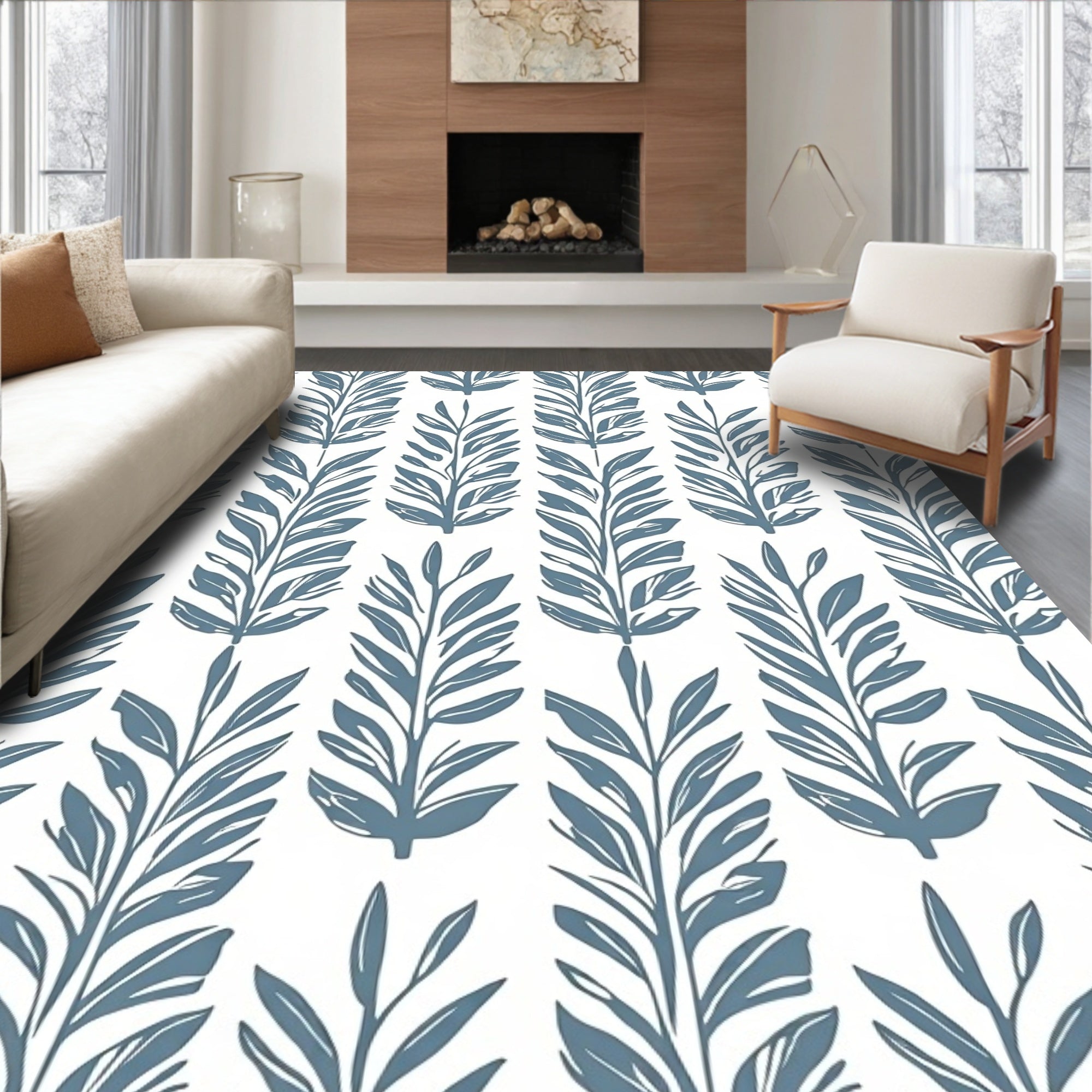 Blue Leafy Branch Pattern Design Rug