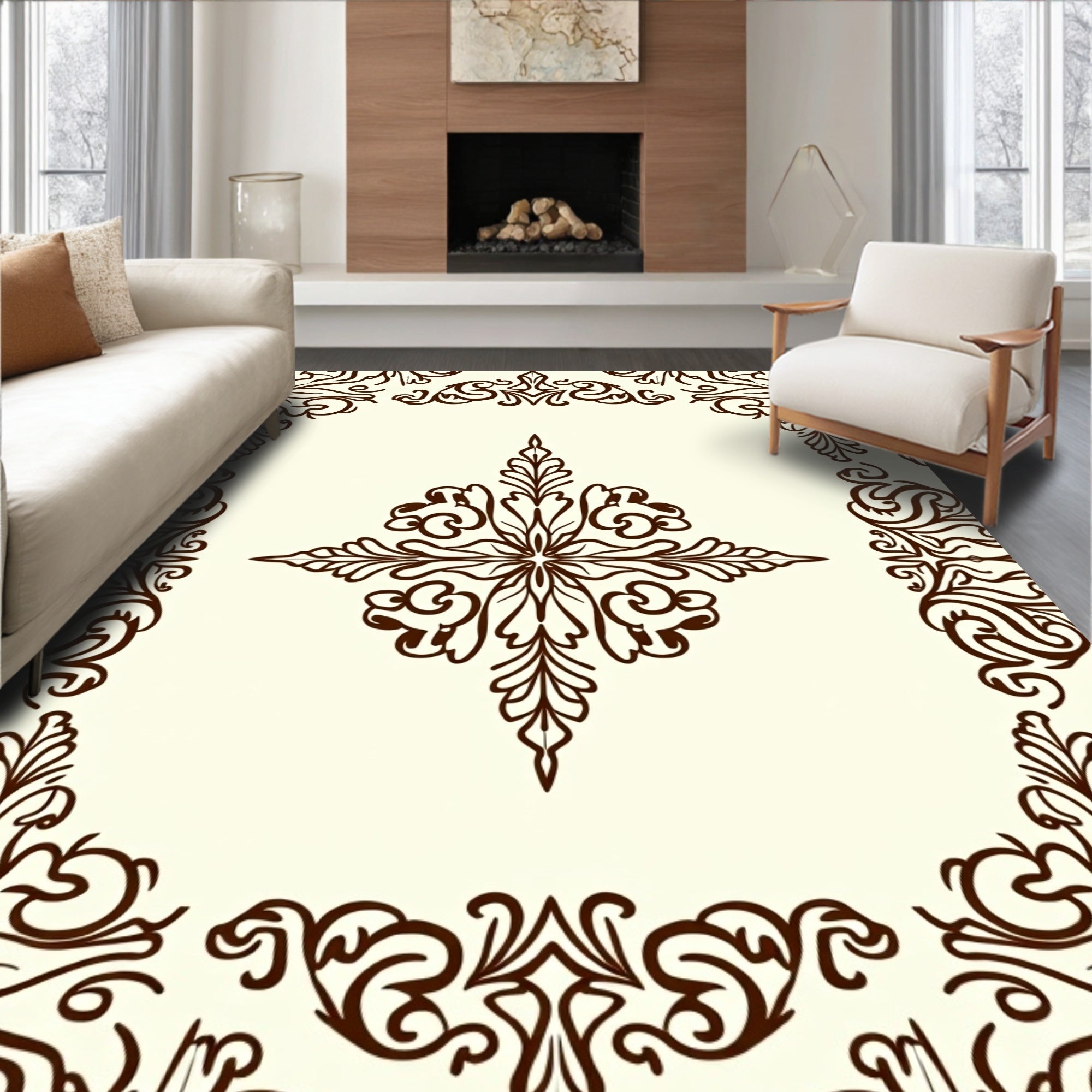 Elegant Brown Floral Flourish Pattern Rug