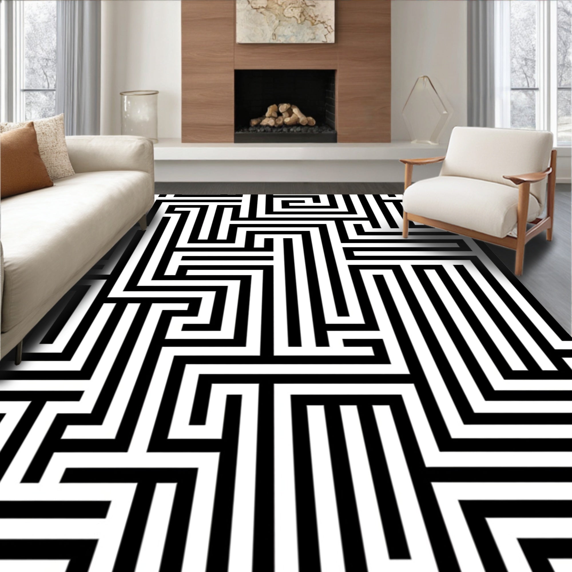 Black White Maze Pattern Rug