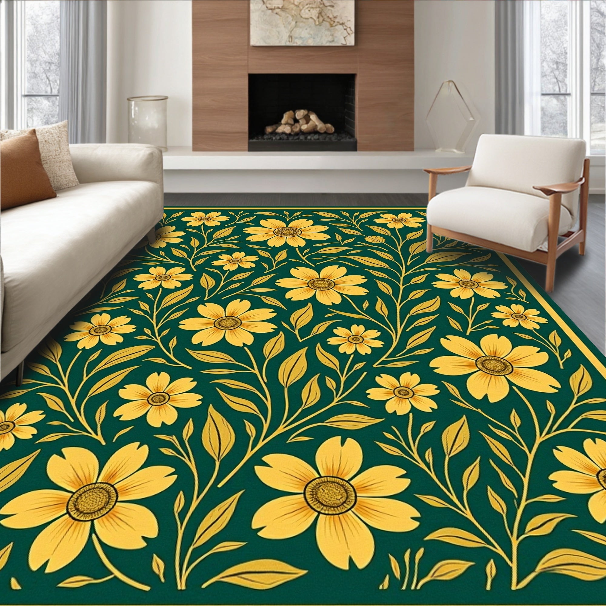 Golden Floral Vine Pattern Rug