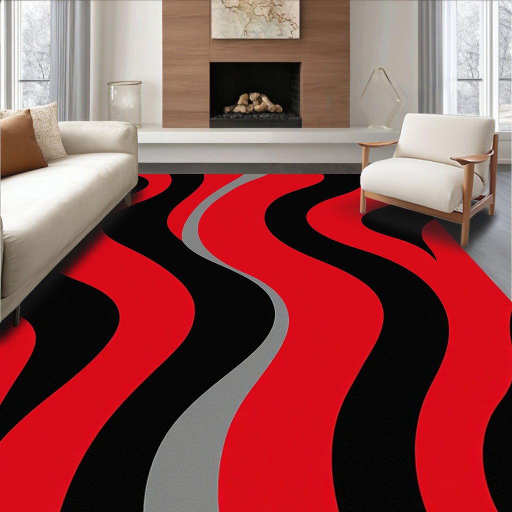 Bold Red Black Wave Pattern Rug