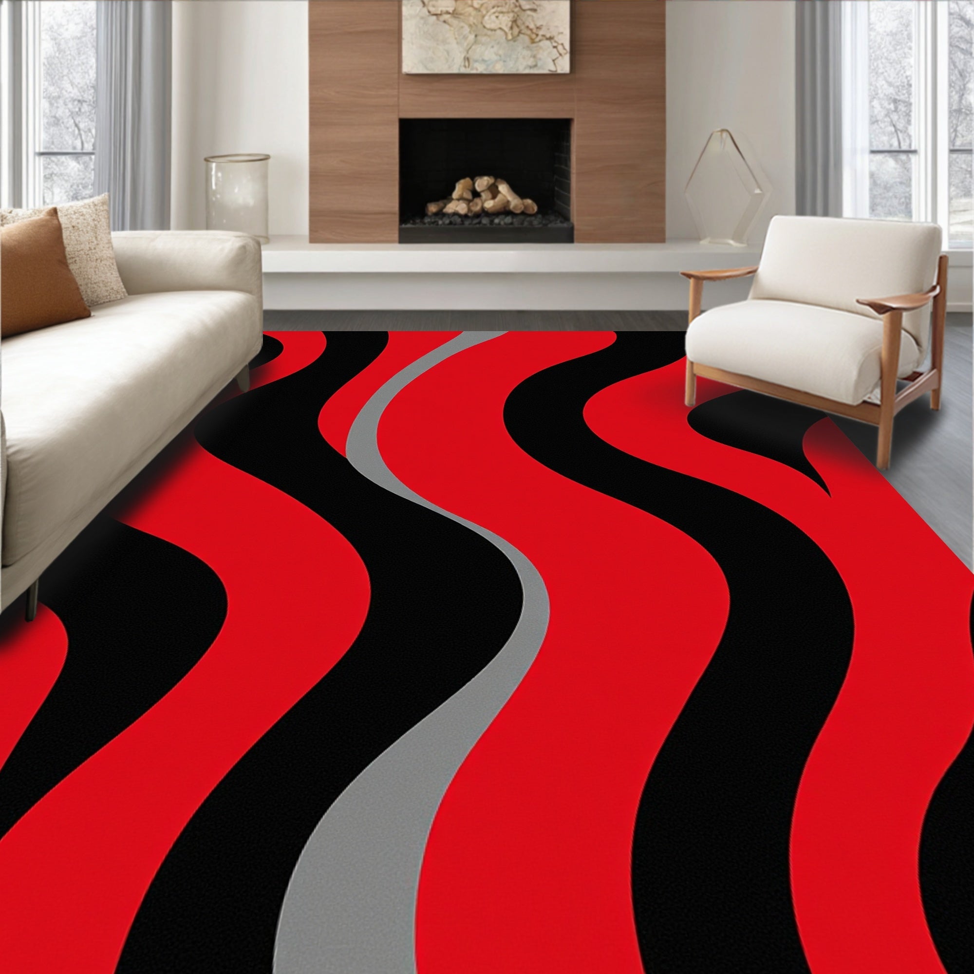 Bold Red Black Wave Pattern Rug