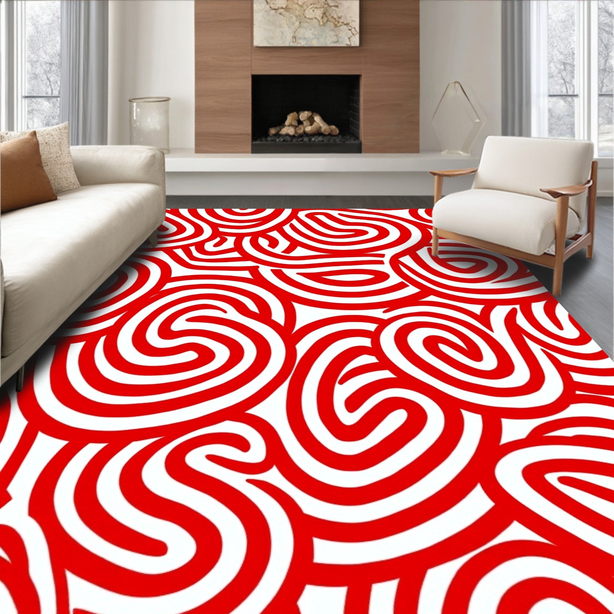 Bold Red Spiral Swirl Abstraction Rug